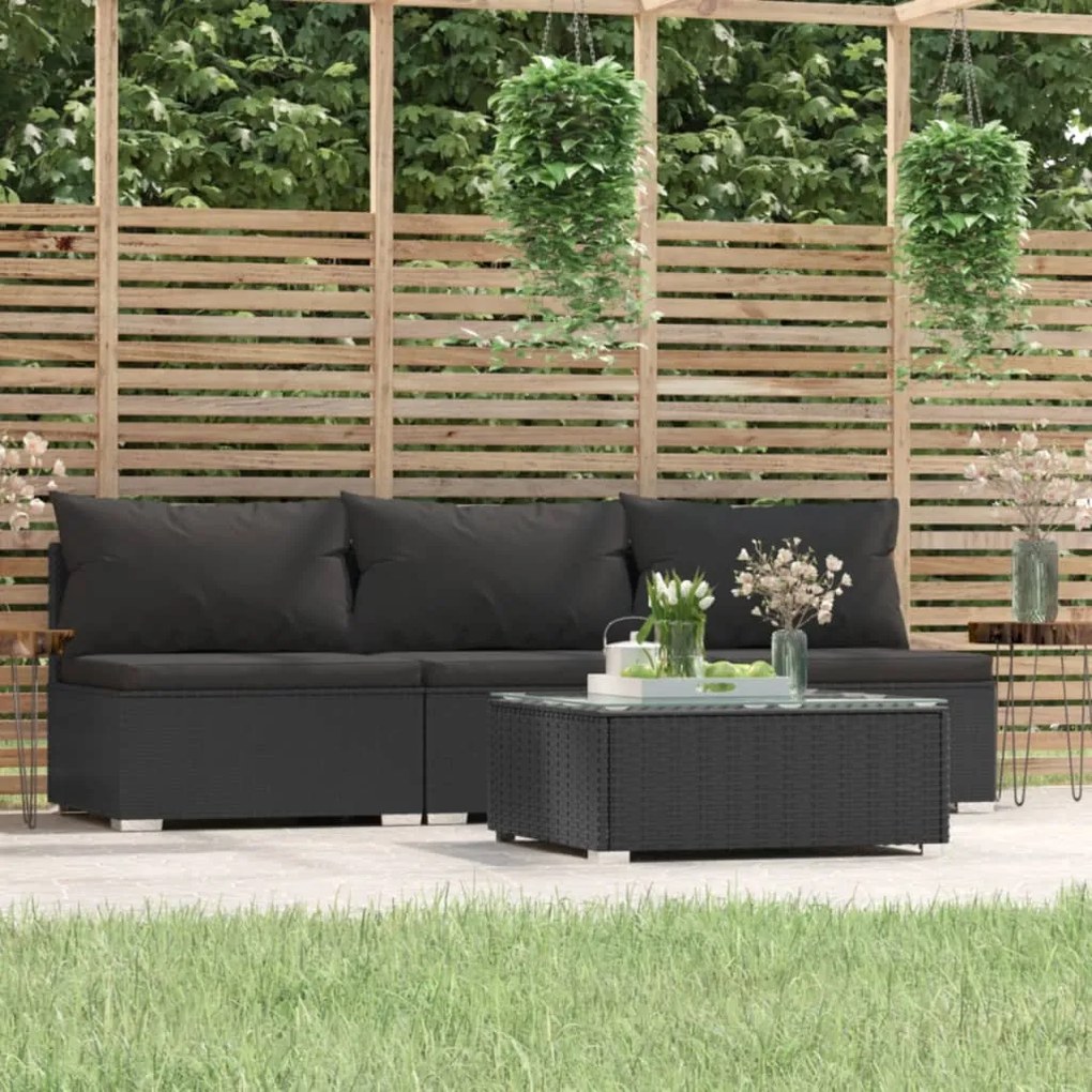 Set divani da giardino 4 pz con cuscini in polyrattan nero