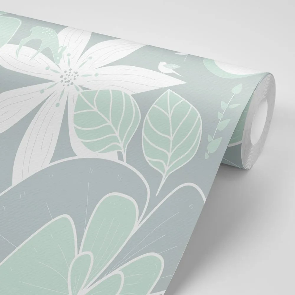 Carta da parati – Animali intorno ai fiori in verde