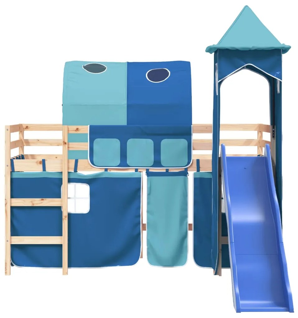 Letto a soppalco con torre bambini blu 80x200cm massello pino