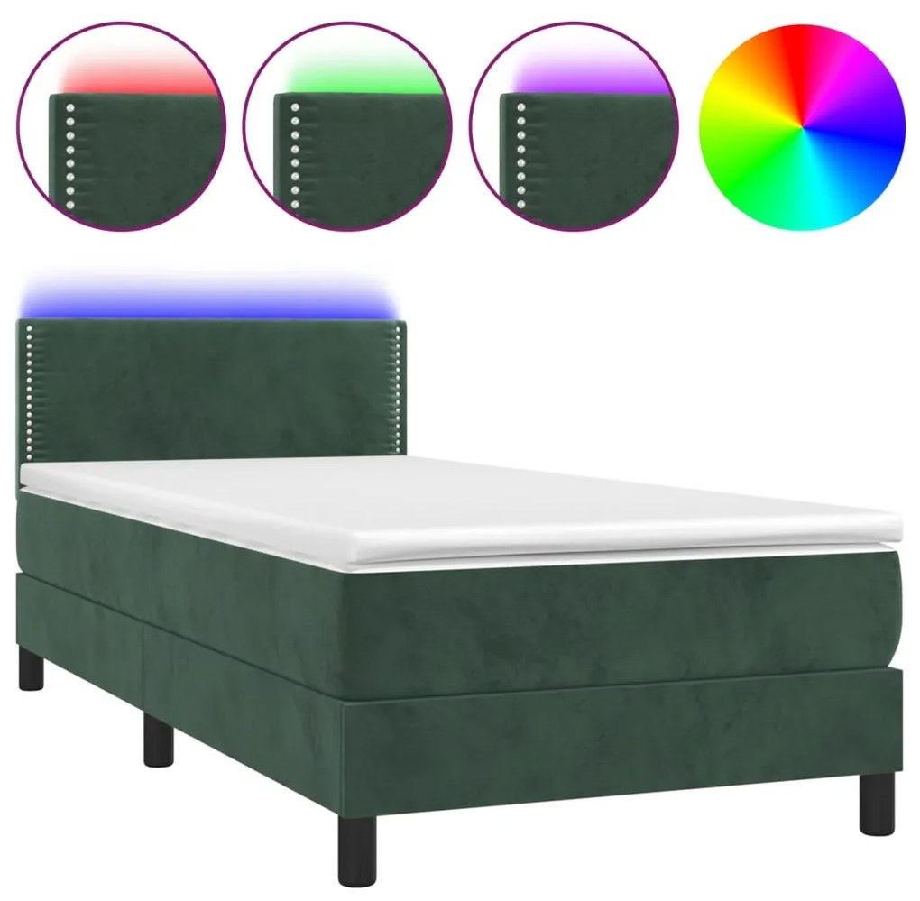 Letto a molle con materasso e led verde scuro 100x200cm velluto