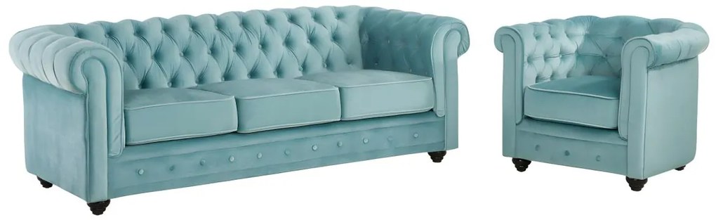 Divano CHESTERFIELD 3 posti e poltrona in velluto Azzurro pastello