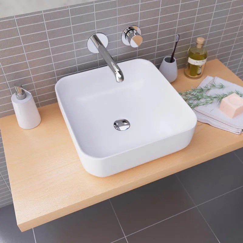 Lavabo da appoggio Catania SANYCCES quadrato in ceramica L 38.5 x H 13.5 x P 11 cm bianco opaco piletta non inclusa