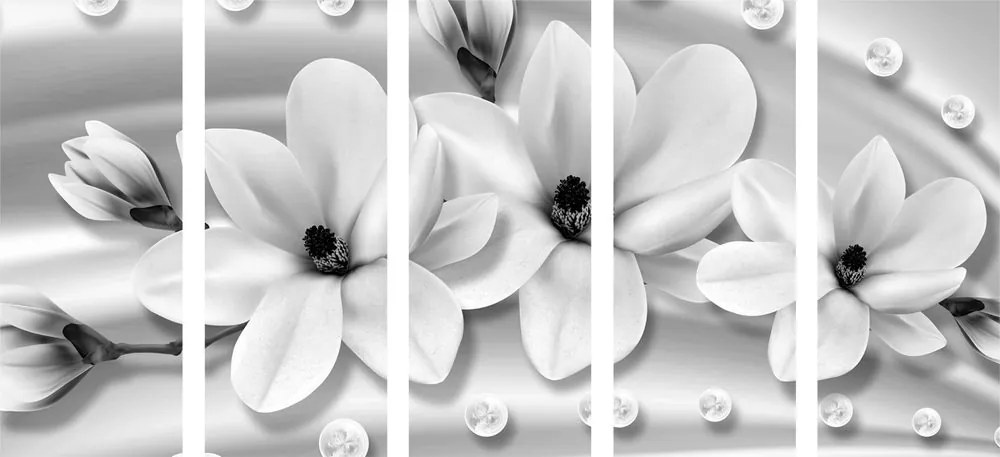 Quadri 5 pezzi – Magnolia di lusso con perle in bianco e nero
