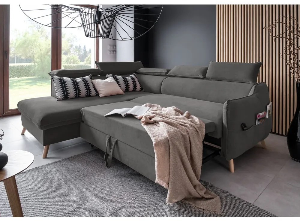 Divano letto angolare in velluto grigio scuro (angolo sinistro) Sweet Harmony - Miuform