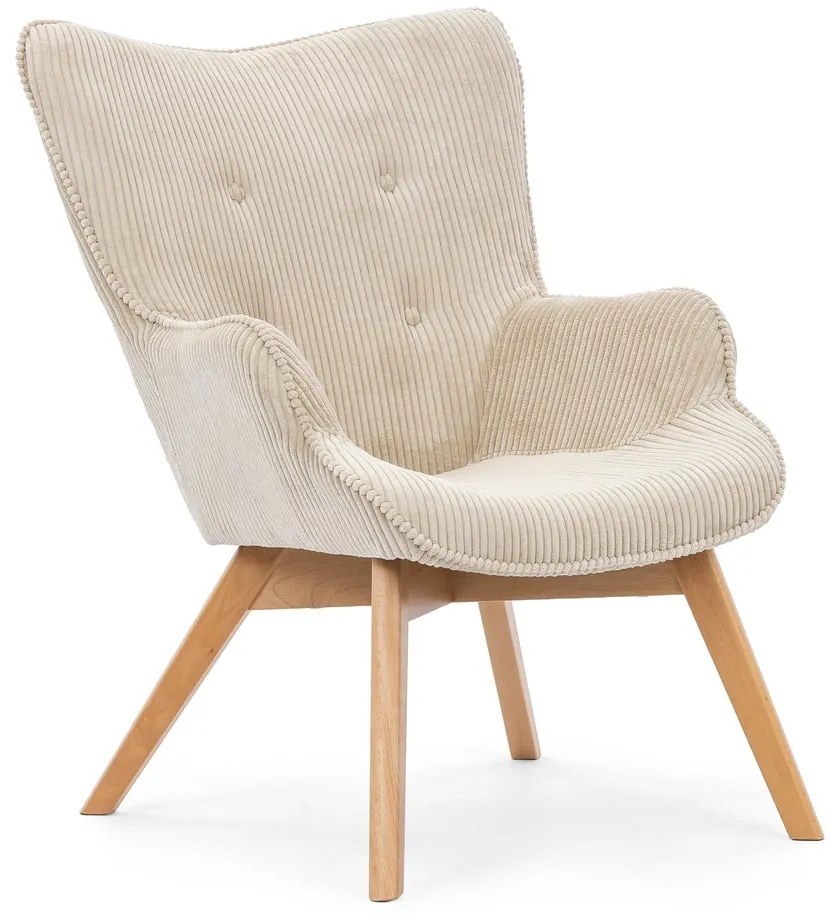 Poltrona con poggiapiedi beige con rivestimento in velluto a coste Niko – Ropez