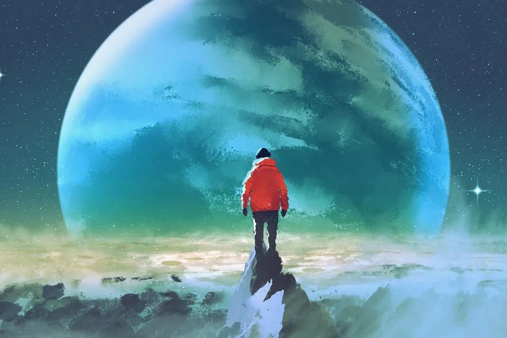 Quadro su tela – Uomo sulla cima della montagna