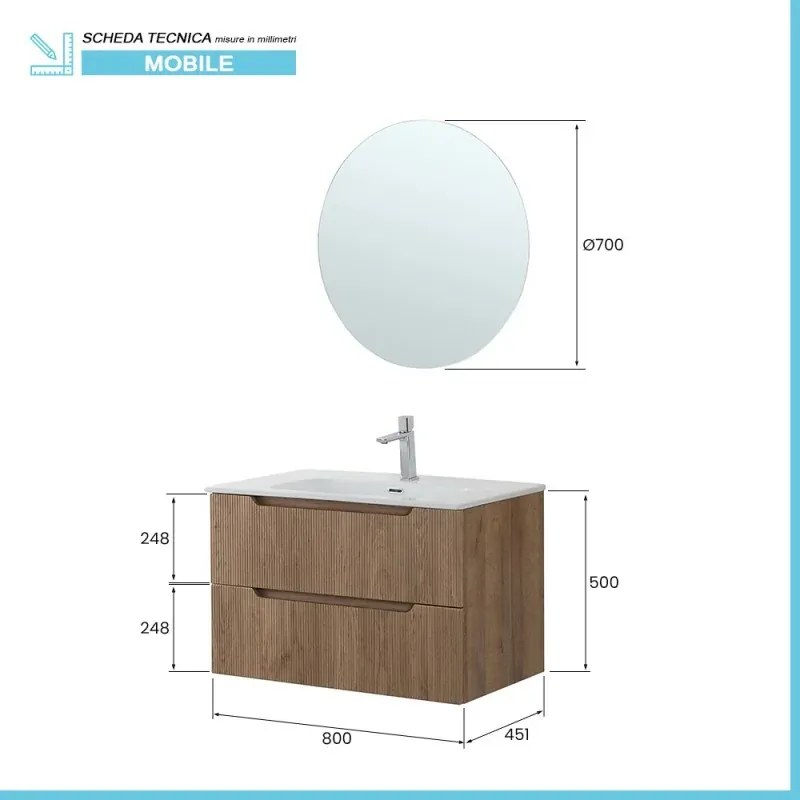 Mobile bagno sospeso 80 rovere cannettato doppi cassetto lavabo e specchio Wise