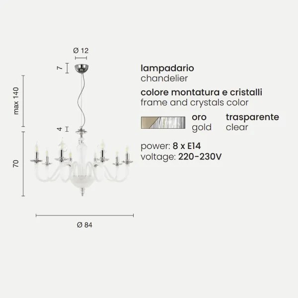 Lampada a sospensione DEBUSSY in vetro lavorato a mano Oro 8 LUCI