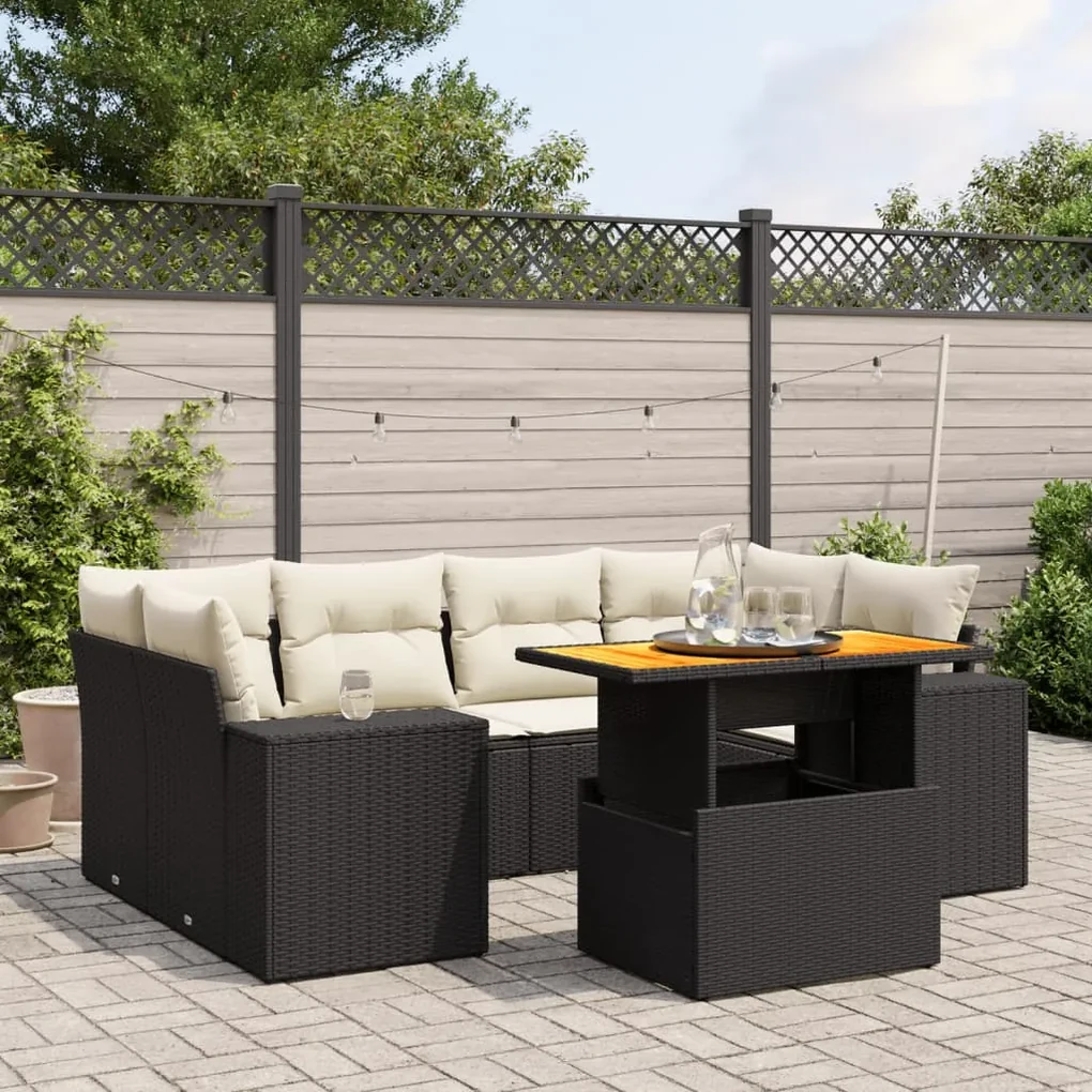 Set divani da giardino con cuscini 7pz nero polyrattan