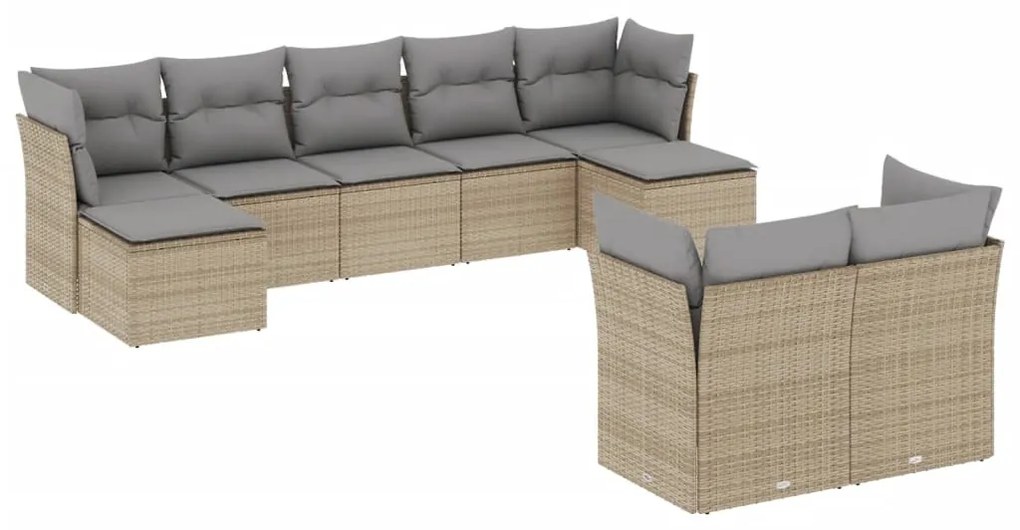 Set divano da giardino 9 pz con cuscini beige in polyrattan