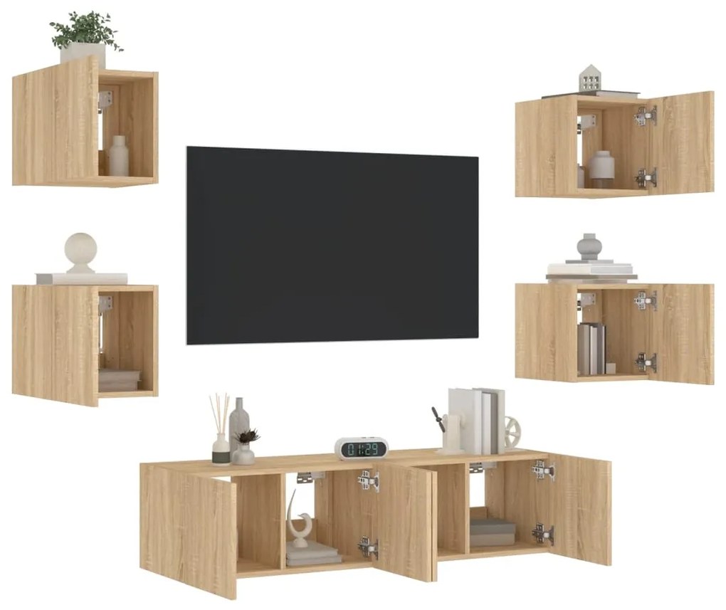 Mobili tv a muro con led 6pz rovere sonoma legno multistrato