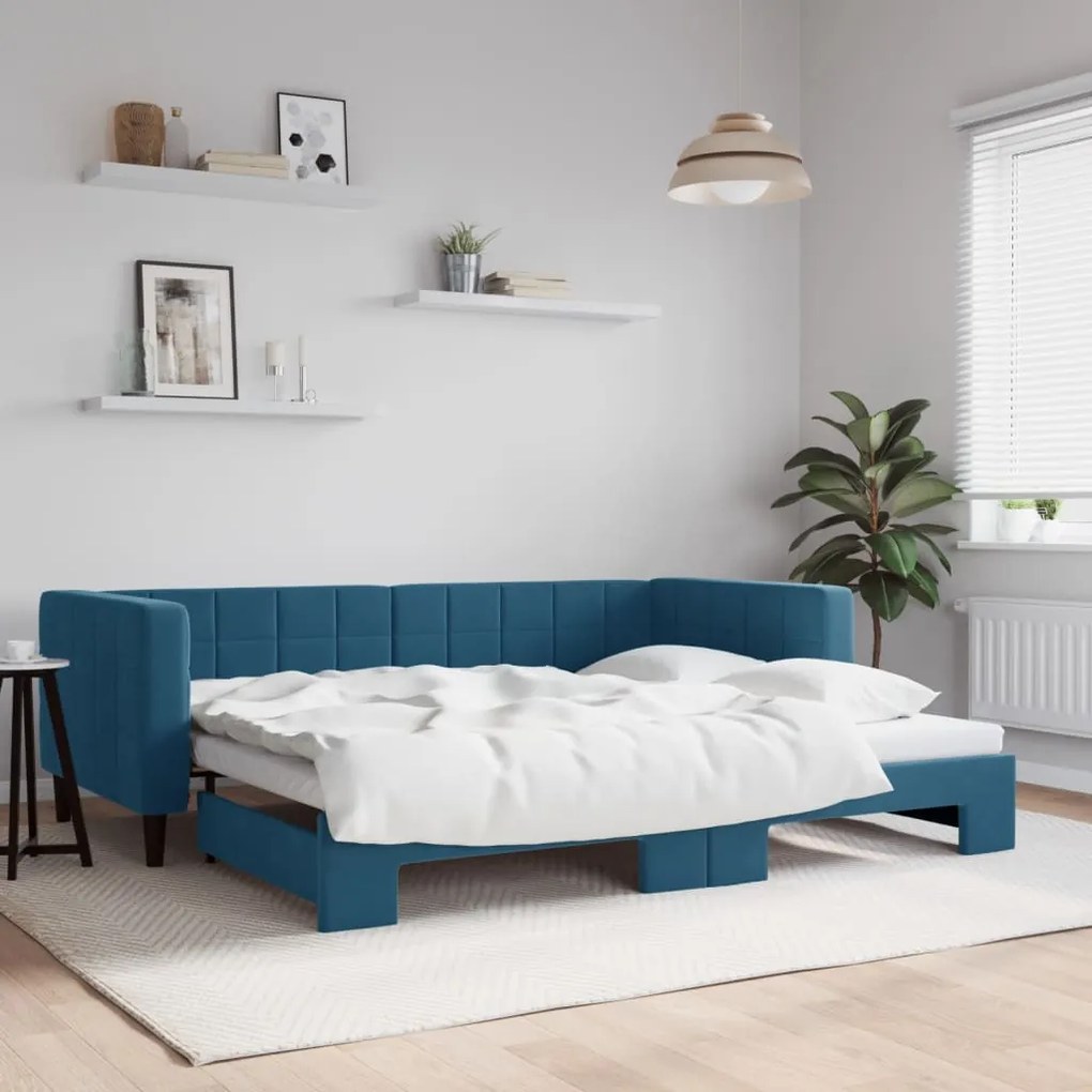 Divano letto con letto estraibile blu 90x200 cm in velluto