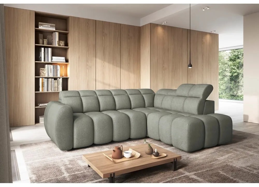 Divano angolare verde polveroso allungabile/con contenitore (con penisola a destra/a L) e rivestimento in bouclé Falconn – ELTAP