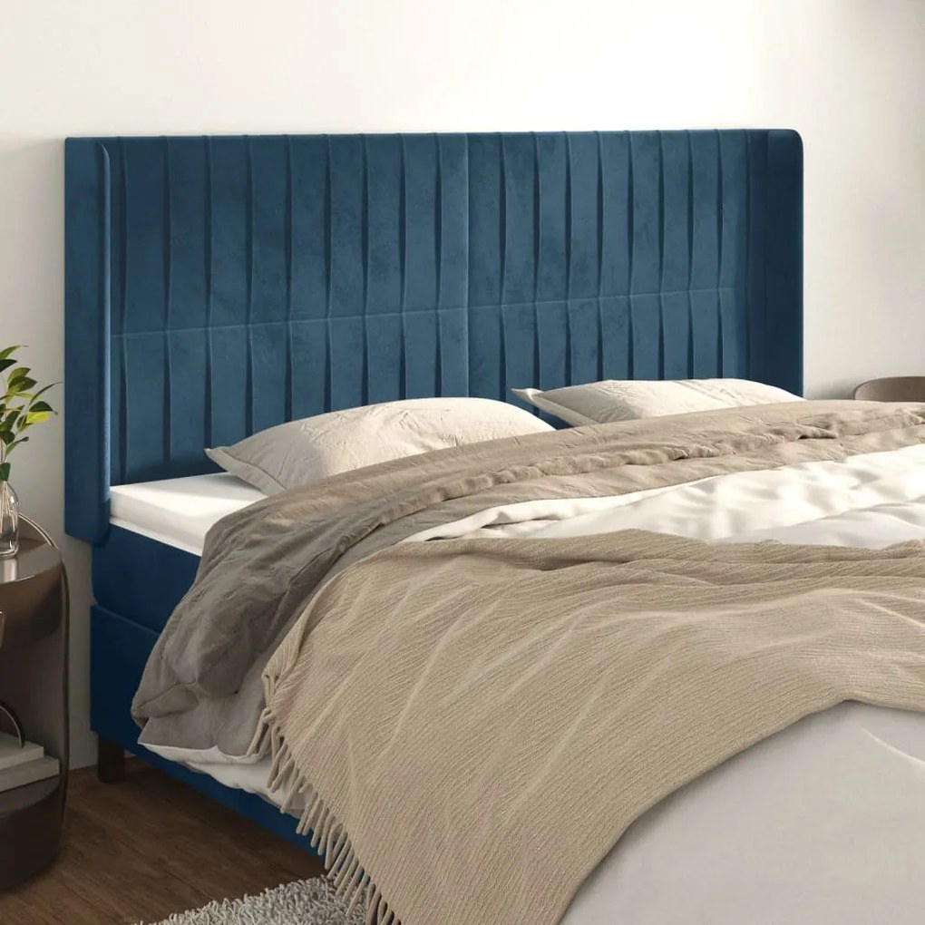 Testiera Ad Orecchio Blu Scuro 203x23x118/128 Cm İn Velluto /
