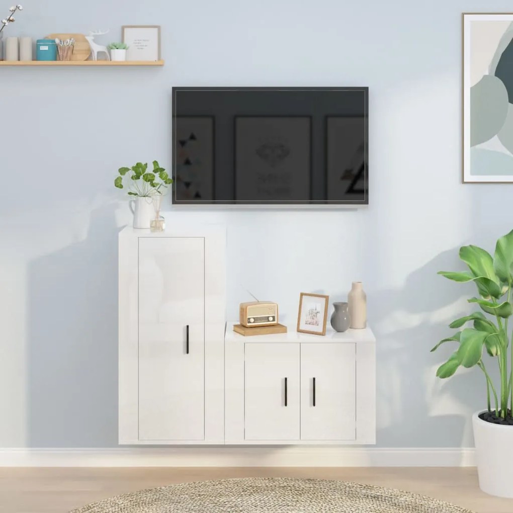 Set di mobili porta tv 2 pz bianco lucido in legno multistrato