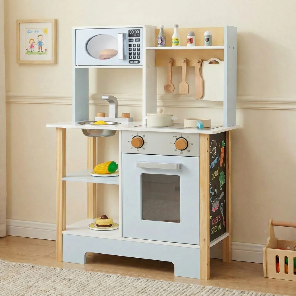 Costway Cucina gioco legno lavagna microonde fornello scolapiatti rubinetto, Cucina lavello finzione accessori bambini 3 anni Blu