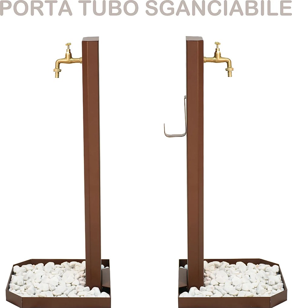 Fontana da Giardino Design a Colonna Ovale Rubinetto in Ottone e Base con Ciottoli Corten...