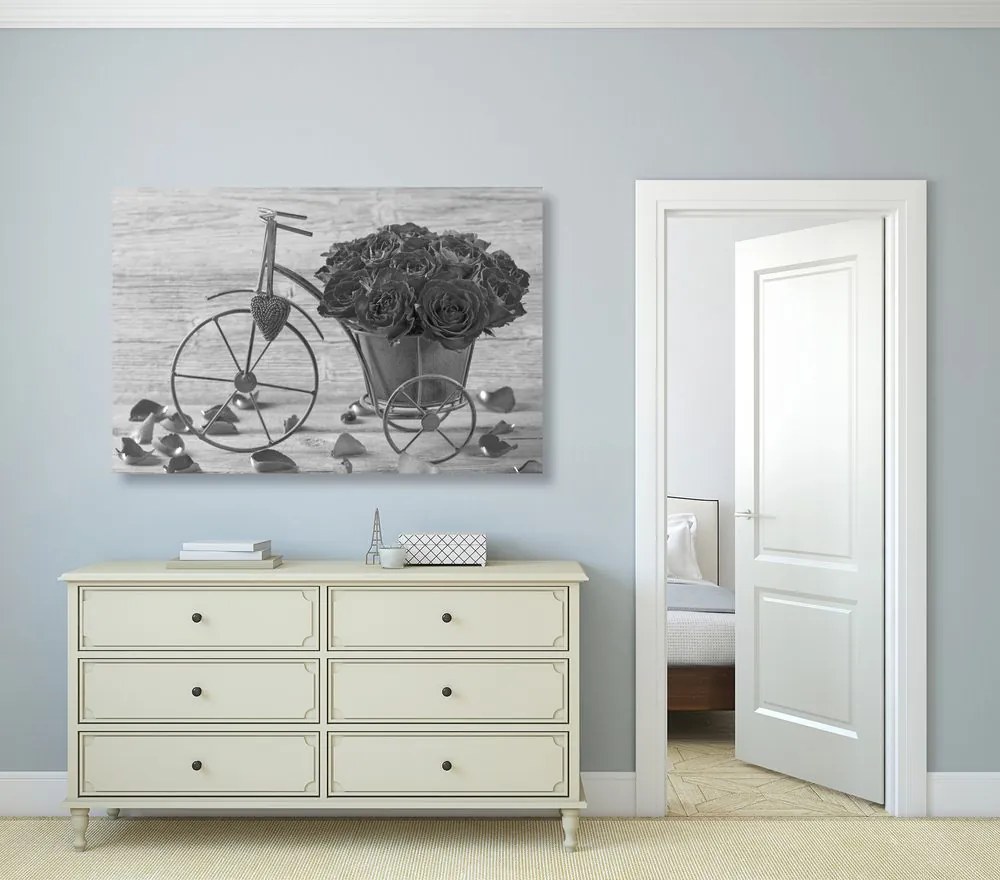 Quadro su tela – Bicicletta piena di rose in bianco e nero