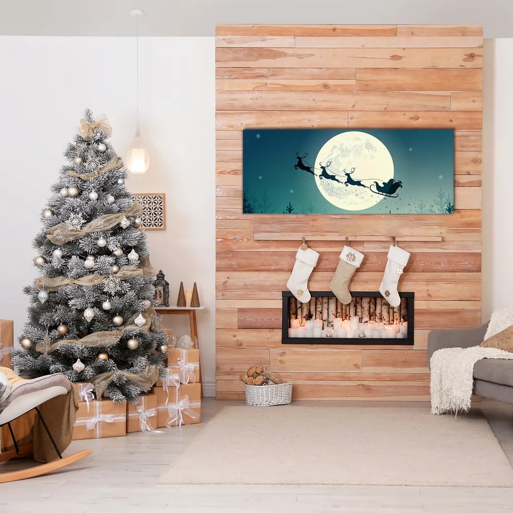 Quadro su vetro Babbo Natale Slitta 100x50 cm 2 appendini