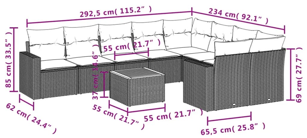 Set divani da giardino 10pz con cuscini in polyrattan nero