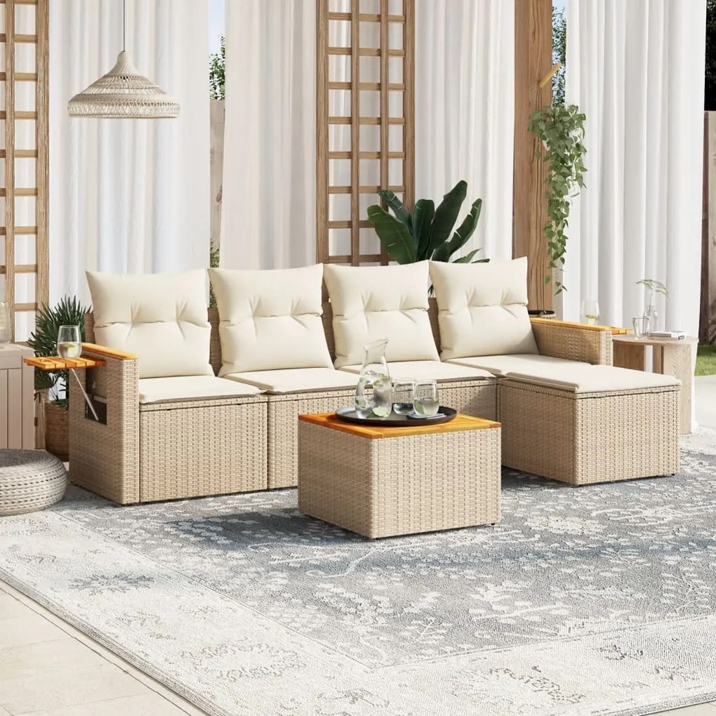 Set divano da giardino 6 pz con cuscini beige in polyrattan