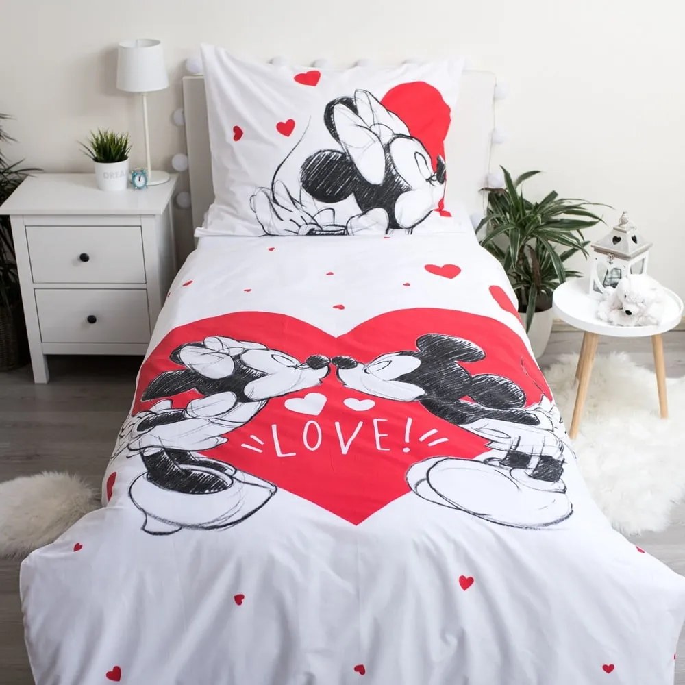 Set copripiumino e federa da bambini rosso/bianco in cotone per letto singolo 140x200 cm Mickey and Minnie "Love" – Jerry Fabrics
