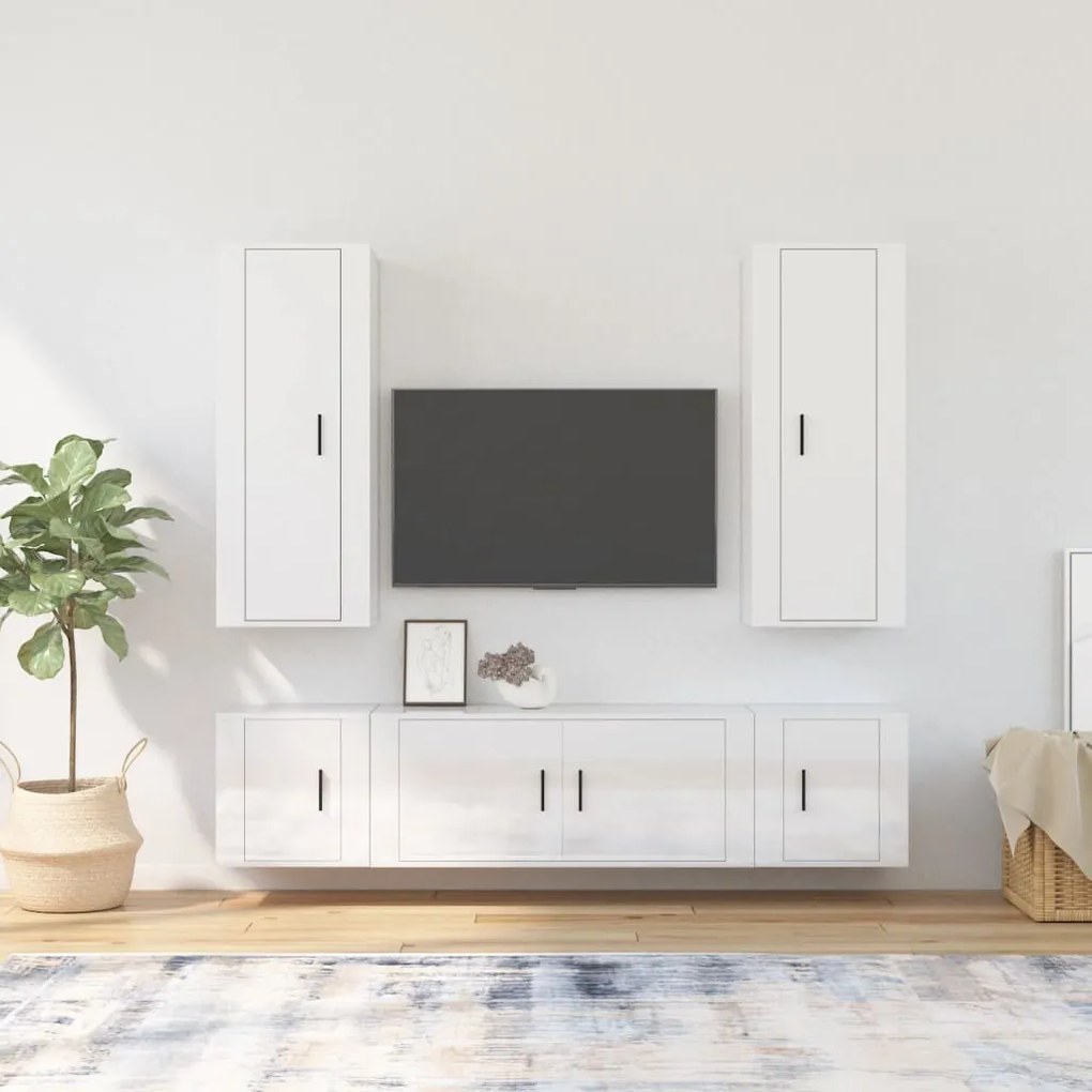 Set Di Mobili Porta Tv 5 Pz Bianco Lucido İn Legno Multistrato /