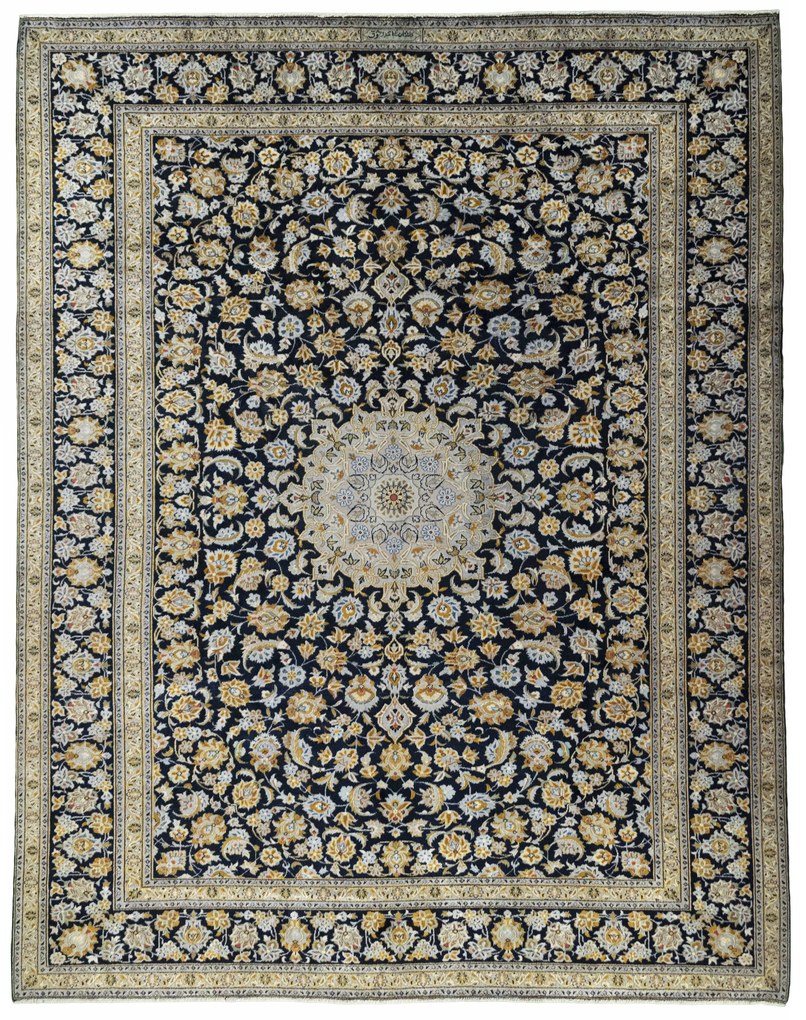 Kashan Tappeto 390x300 Blu (Iran) Annodato A Mano