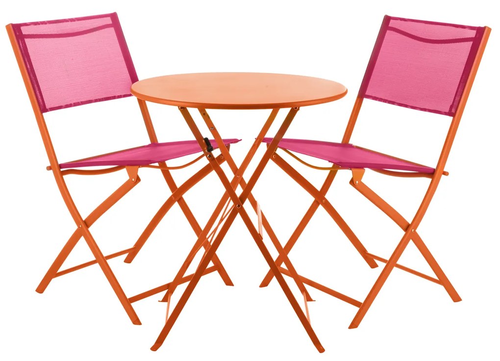 Set tavolo giardino tondo arancione con 2 sedie fucsia