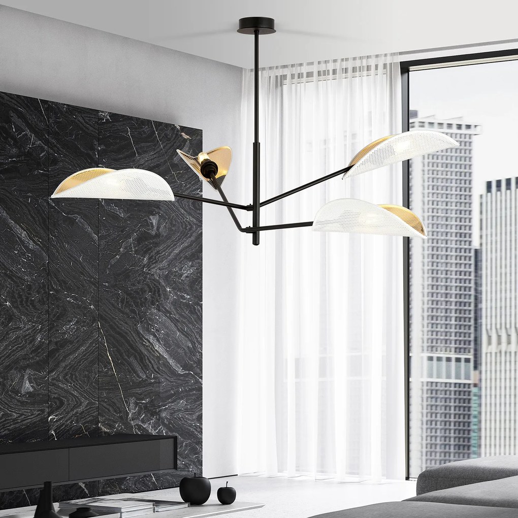 Lampadario 4 Luci Eridano In Acciao Nero E Bianco Oro Con Bracci Mobili
