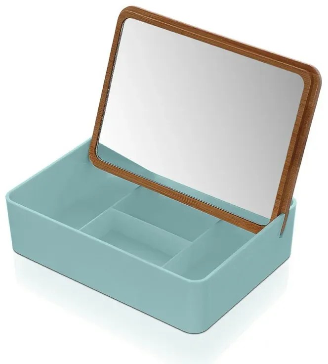 Organizer trucchi in plastica turchese completo di specchio con dettagli in bambù