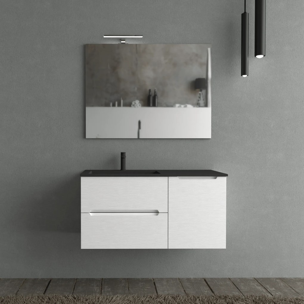 Mobile Bagno Sospeso Cannettato 100 Cm Due Cassetti Un'Anta Lavabo a Sx Specchio Con Lampada Led 70x100 Cm AdattoCasa "Rigo" Bianco Neve/Nero Opaco