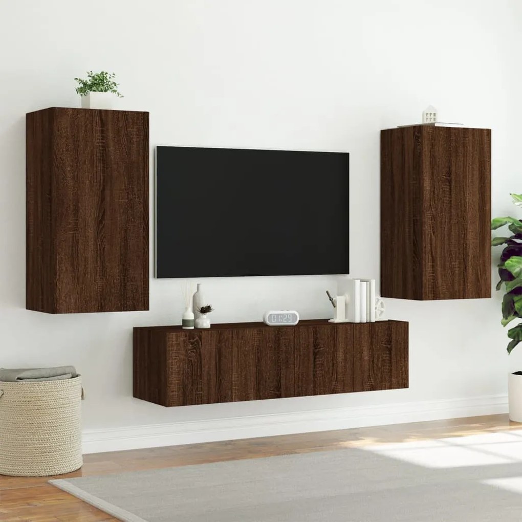 Mobili tv a muro con led 4pz rovere marrone legno multistrato