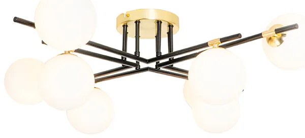Plafoniera Art Déco nera con oro e vetro opalino 8 luci - Lynn