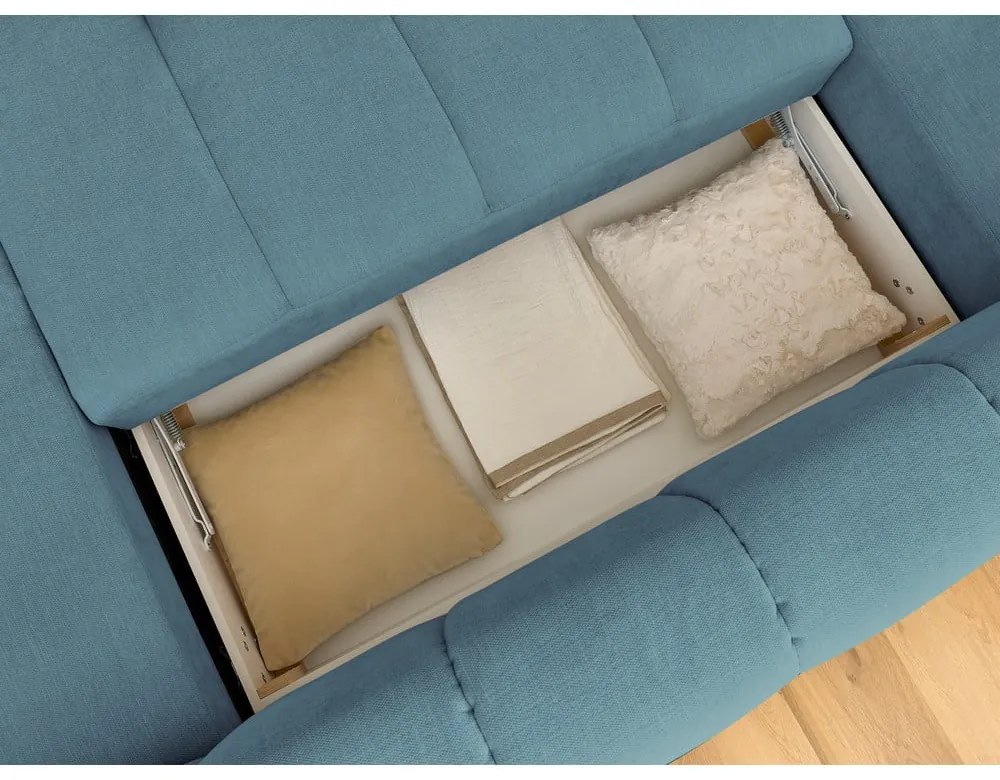 Divano angolare blu allungabile e con contenitore (penisola a sinistra/a U) con rivestimento in ciniglia Fuji – Bobochic Paris