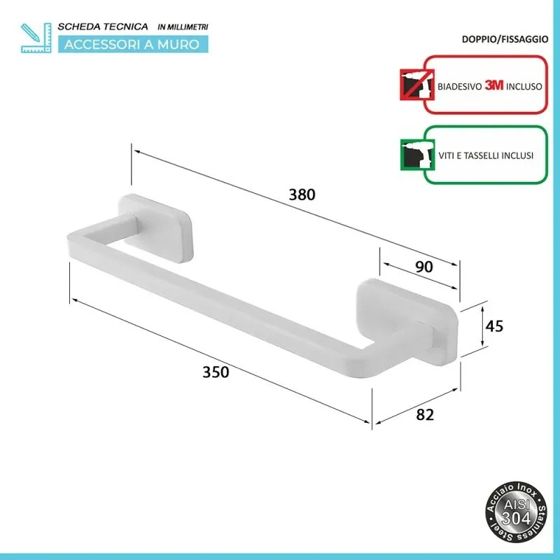 Portasciugamani a muro 35 cm in acciaio inox bianco con doppio fissaggio