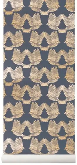 Ferm Living Carta da parati Birds - Deep Blue/ Gold