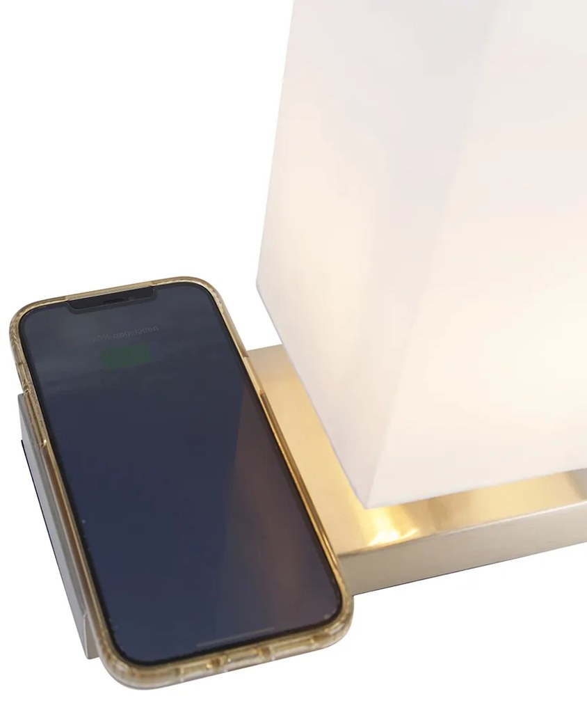 Lampada da tavolo in acciaio con paralume bianco con dimmer touch e ricarica a induzione - Romina