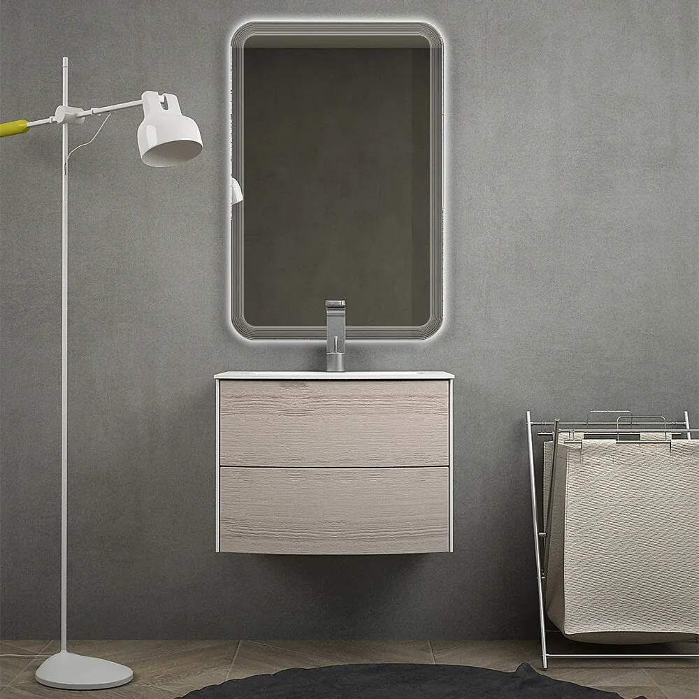 Mobile per bagno sospeso 60 cm modello Rio Rovere sbiancato con specchio led