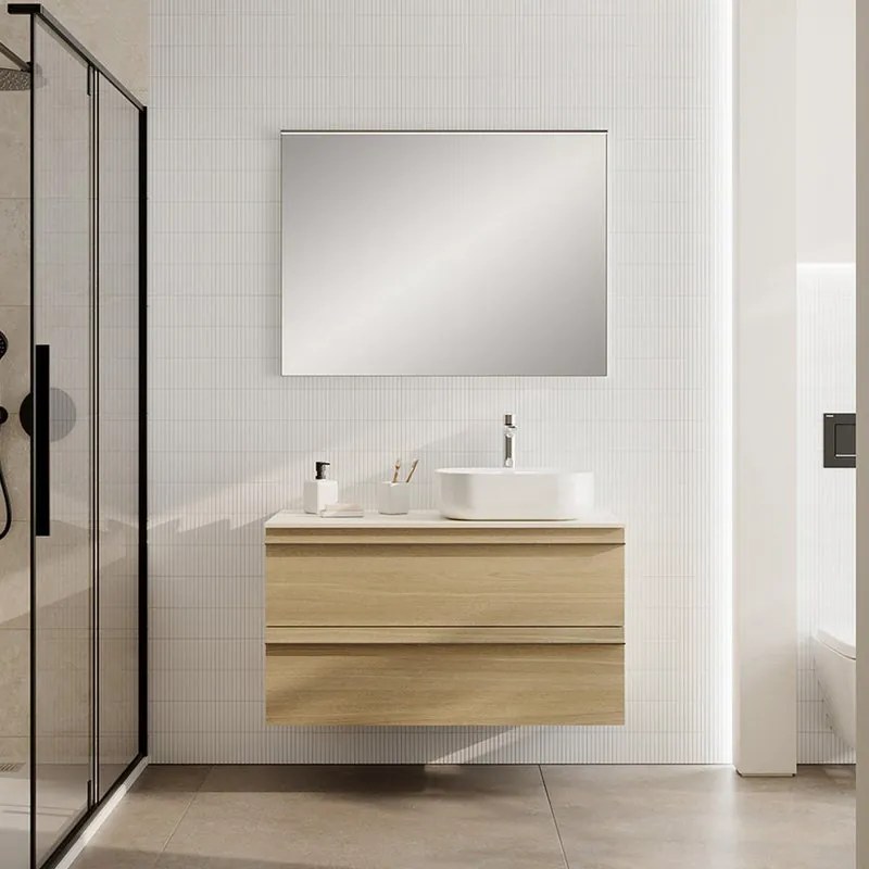 Mobile Linea L100 H55 P45 in laminato rovere natura 2 cassetti a chiusura ammortizzata e top gres bianco Creta