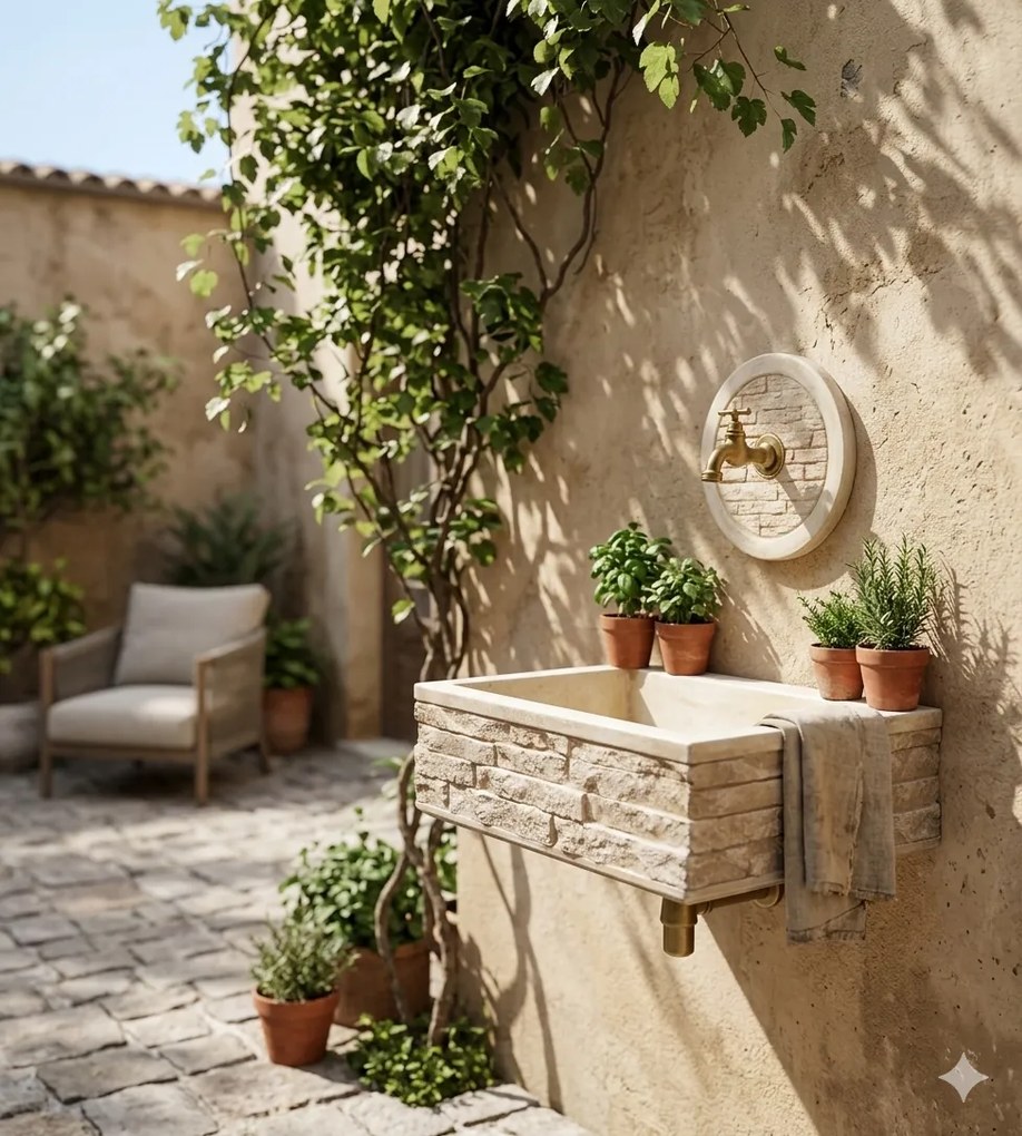 Lavello Rettangolare da Esterno 45x35 cm con Rosone Installazione a Muro in Cemento Mattone Faccia a Vista Meseta Nocciola...