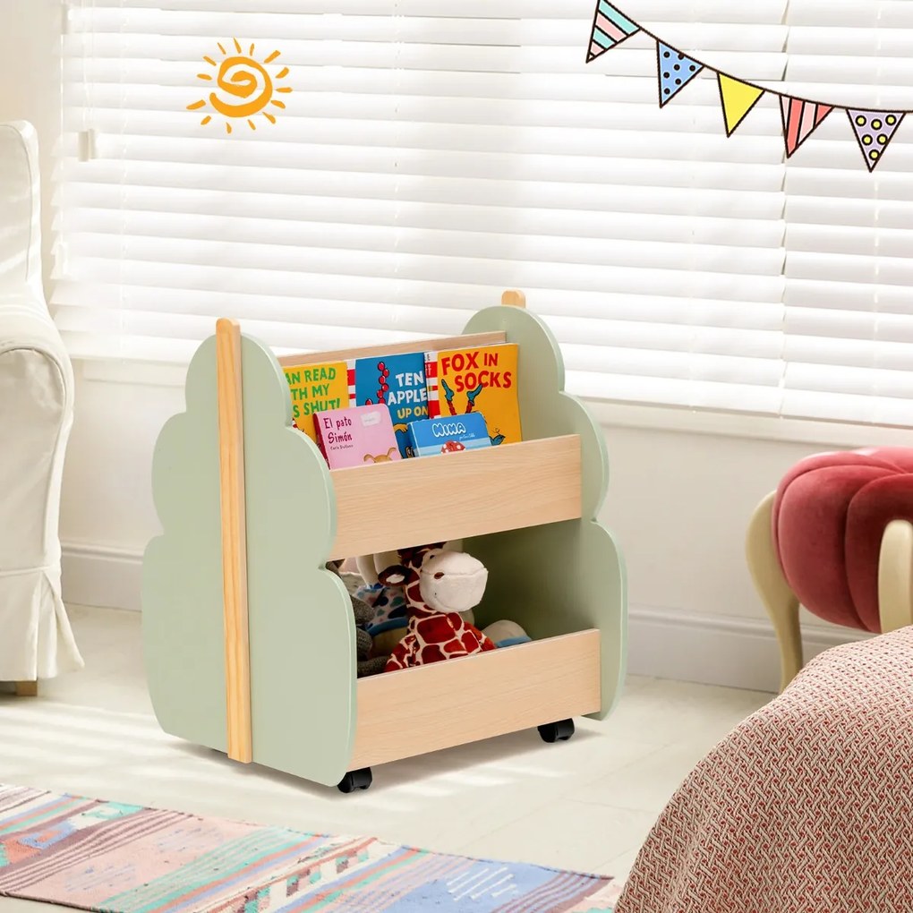 Costway Libreria in legno per bambini con organizzatore di libri, Scaffale di stoccaggio a 2 livelli 52x46x62,5cm Verde