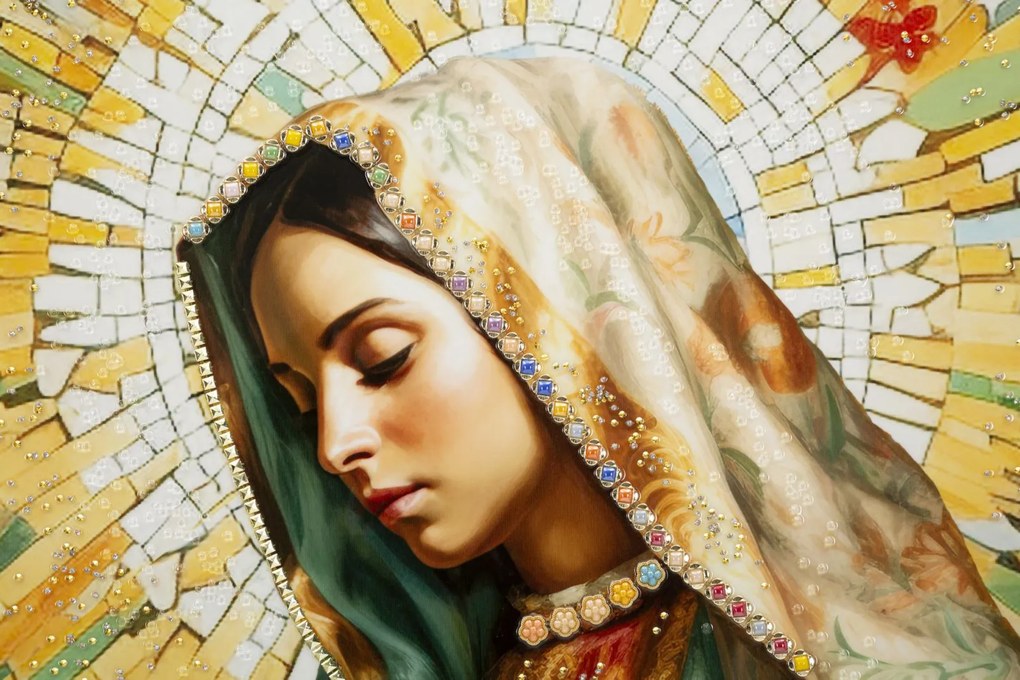 Dipinto Su Tela Laccato Madonna -A- Con Cornice 72X102
