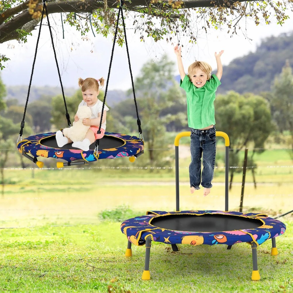 Costway Set altalena e trampolino convertibili per bambini, Trampolino fitness con corrimano imbottito 5 gambe in acciaio