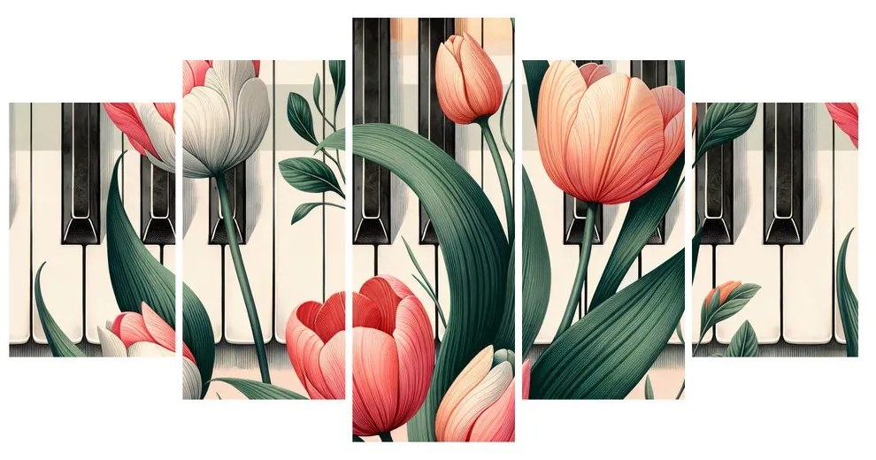 Quadri 5 pezzi – Note floreali di primavera sui tasti del pianoforte