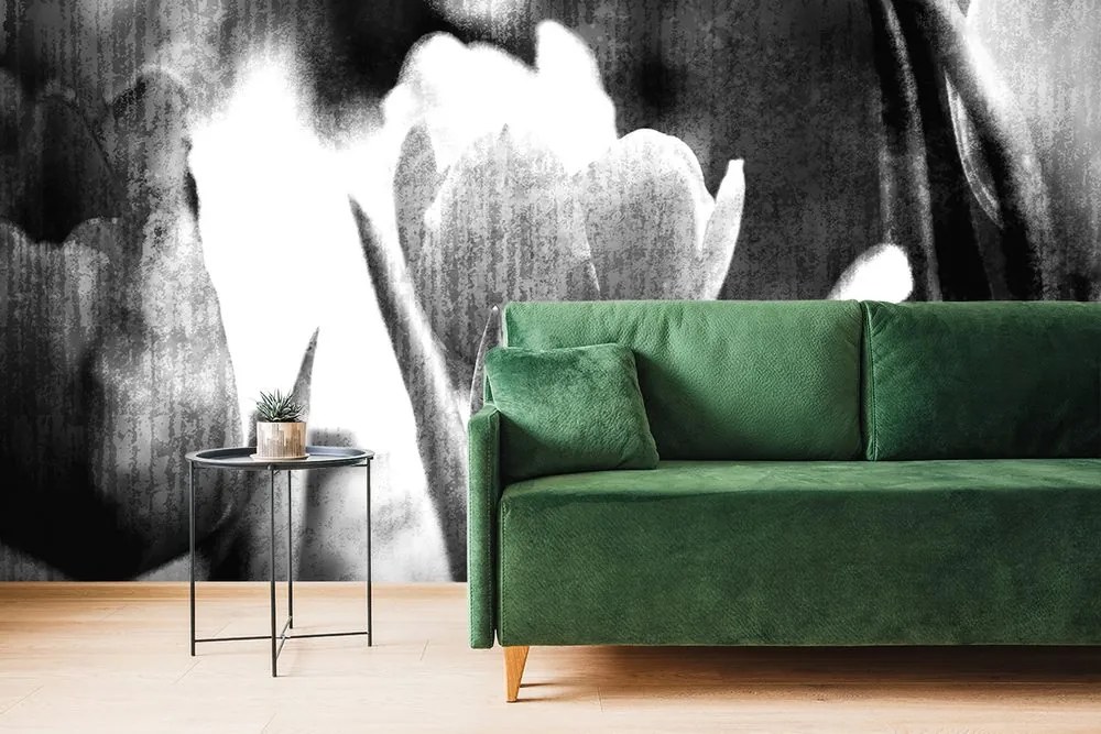 Carta da parati – Tulipani in bianco e nero in stile retrò