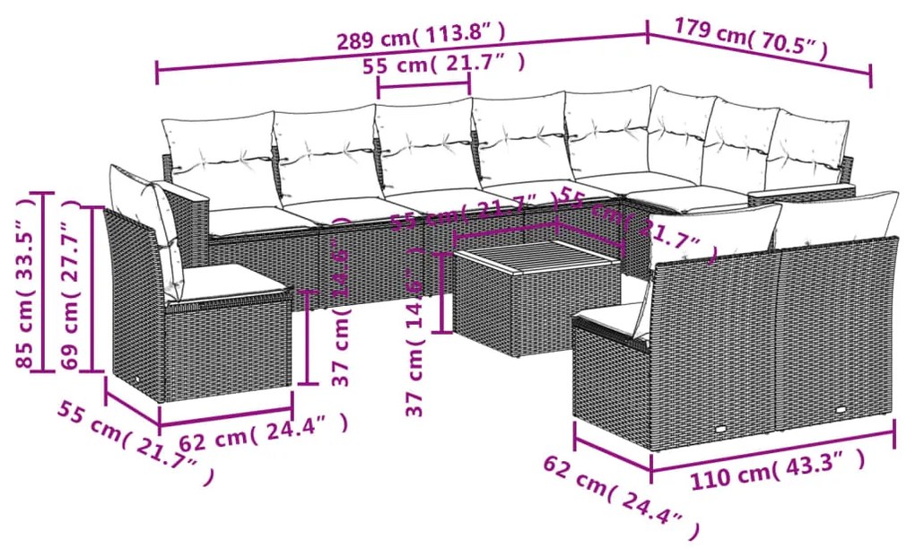 Set divani da giardino 11 pz con cuscini beige in polyrattan