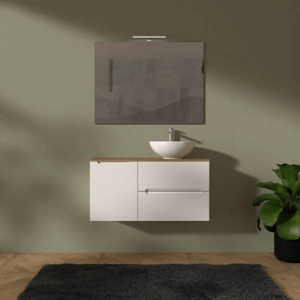 Mobile Bagno Sospeso Cannettato 100 Cm Due Cassetti Un'Anta e Top Specchio Con Lampada Led 70x100 Cm AdattoCasa "Rigo" Bianco Neve/Rovere Farnia