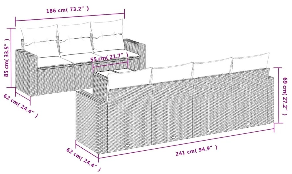 Set divano da giardino 8pz con cuscini grigio chiaro polyrattan