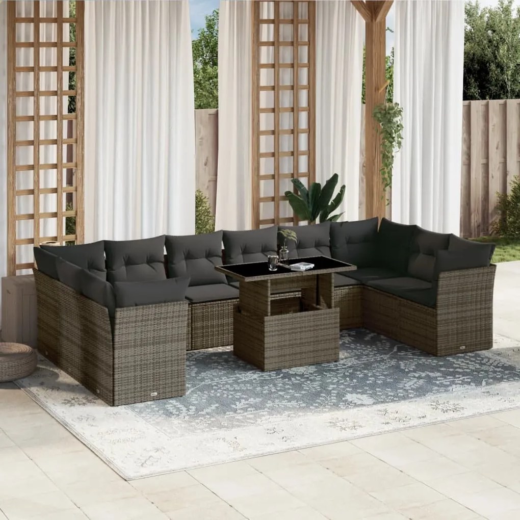 Set divani da giardino 11 pz con cuscini in polyrattan grigio